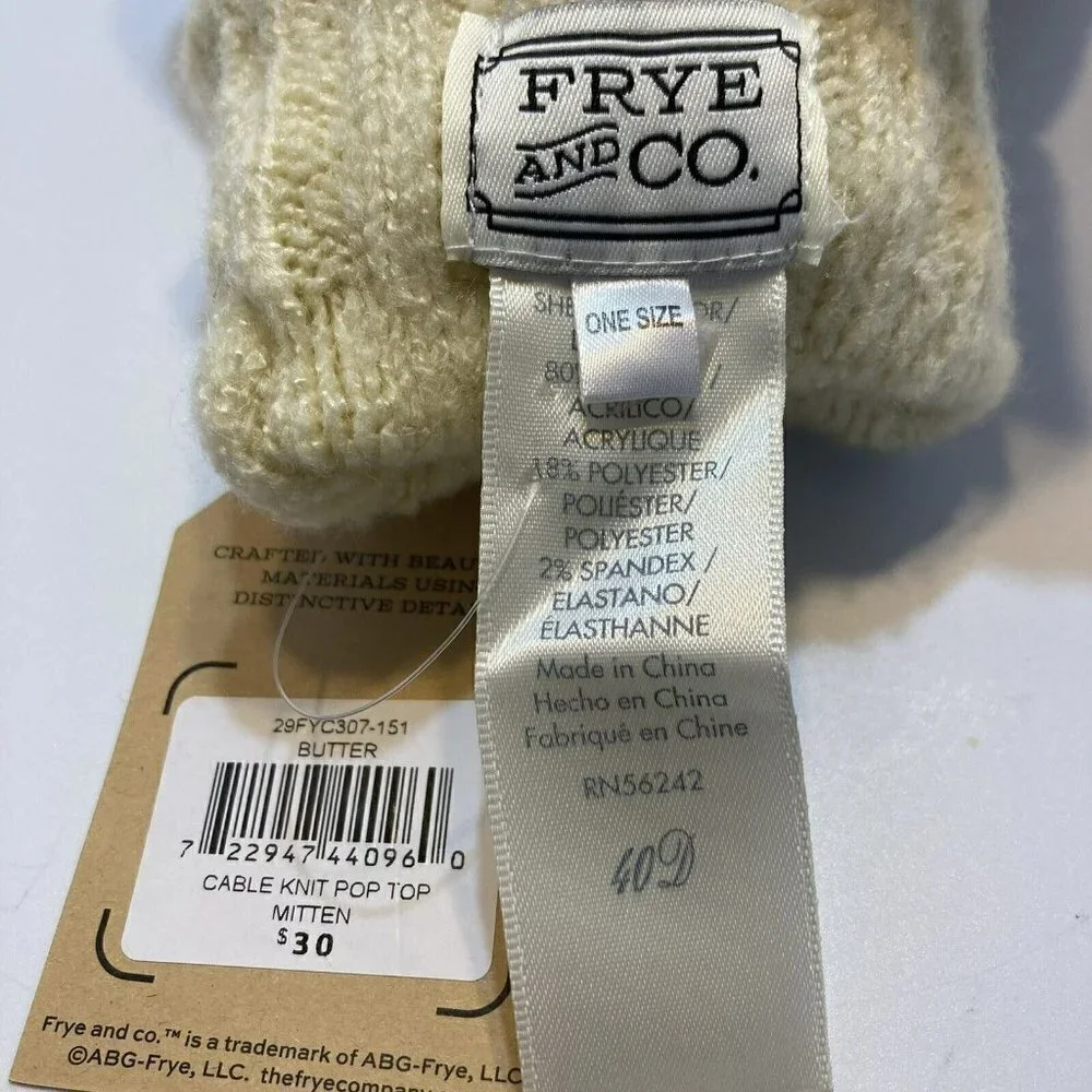 Frye & Co NWT Womens Butter Creamy Tan Cable Knit Pop Top Mitten Gloves-OSFM